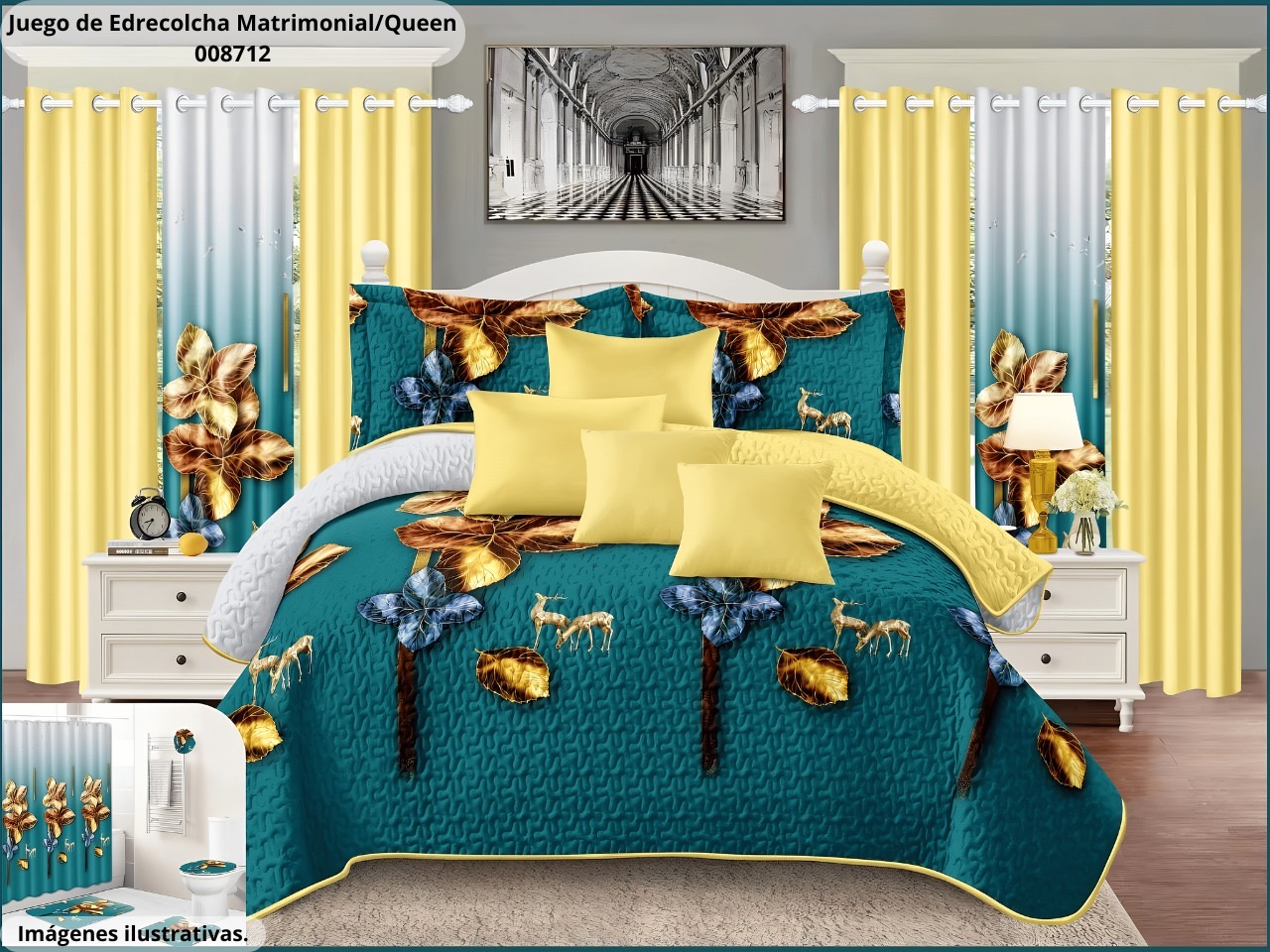 Juego de Edrecolcha Matrimonial/Queen con Cortina y Set de Baño de 19 piezas